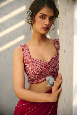 Halley Red Pre-Draped Sari And Blouse by Chamee And Palak available on Indiaspopup