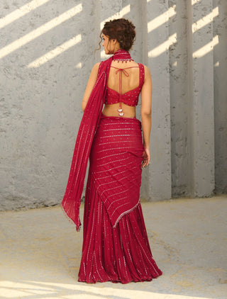 Halley Red Pre-Draped Sari And Blouse by Chamee And Palak available on Indiaspopup