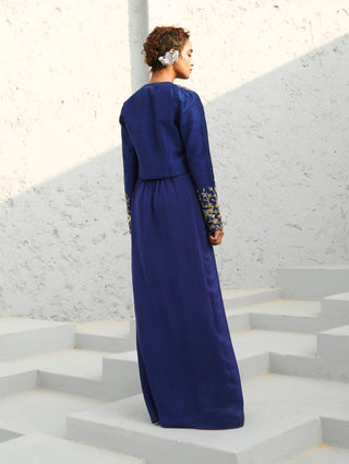 Parakeet Blue Jacket And Draped Skirt Set by Chamee And Palak available on Indiaspopup