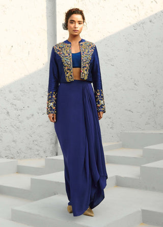 Parakeet Blue Jacket And Draped Skirt Set by Chamee And Palak available on Indiaspopup