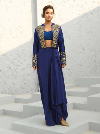 Parakeet Blue Jacket And Draped Skirt Set by Chamee And Palak available on Indiaspopup