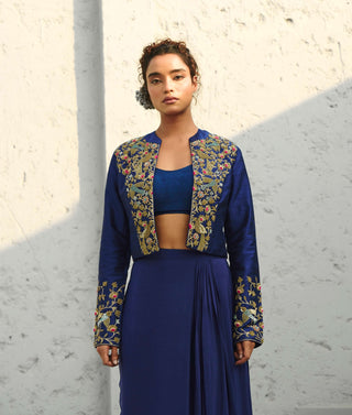 Parakeet Blue Jacket And Draped Skirt Set by Chamee And Palak available on Indiaspopup