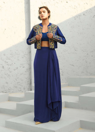 Parakeet Blue Jacket And Draped Skirt Set by Chamee And Palak available on Indiaspopup