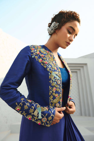 Parakeet Blue Jacket And Draped Skirt Set by Chamee And Palak available on Indiaspopup