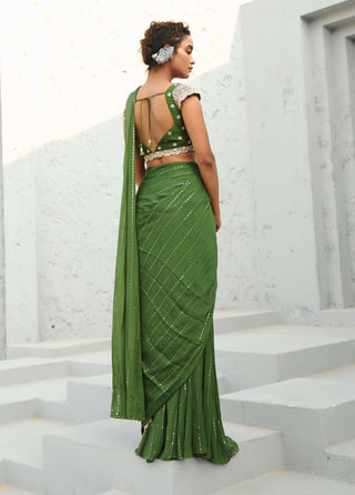 Juliet Green Pre-Draped Sari And Blouse by Chamee And Palak available on Indiaspopup