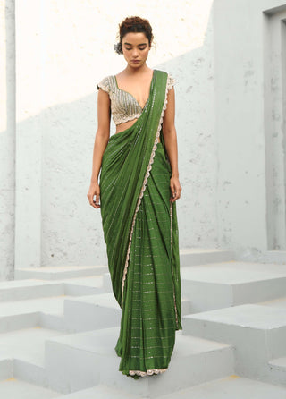 Juliet Green Pre-Draped Sari And Blouse by Chamee And Palak available on Indiaspopup