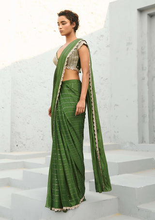 Juliet Green Pre-Draped Sari And Blouse by Chamee And Palak available on Indiaspopup