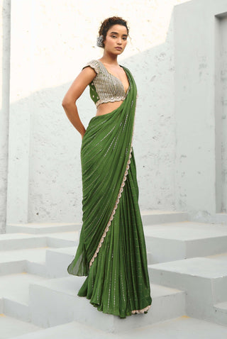 Juliet Green Pre-Draped Sari And Blouse by Chamee And Palak available on Indiaspopup
