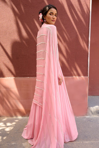 Lucia Peach Lehenga Set by Chamee And Palak, available on Indiaspopup.com