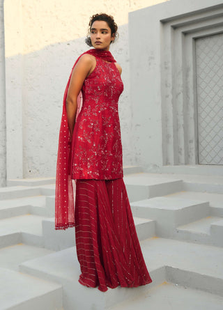 Serena Deep Red Sharara Set by Chamee And Palak available on Indiaspopup
