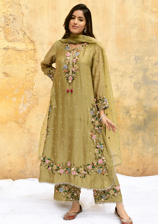 Niti Bothra-Olive Green Orchid Heavy Long Kurta Set-INDIASPOPUP.COM