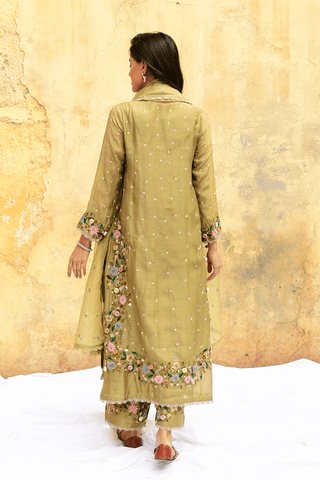 Niti Bothra-Olive Green Orchid Heavy Long Kurta Set-INDIASPOPUP.COM
