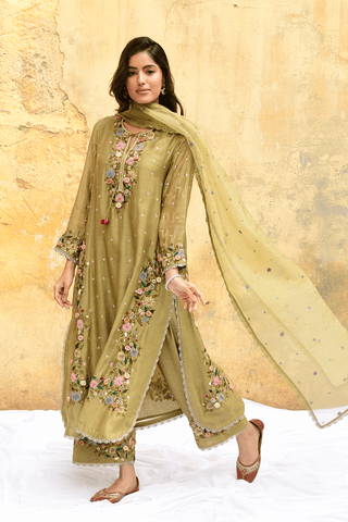 Niti Bothra-Olive Green Orchid Heavy Long Kurta Set-INDIASPOPUP.COM