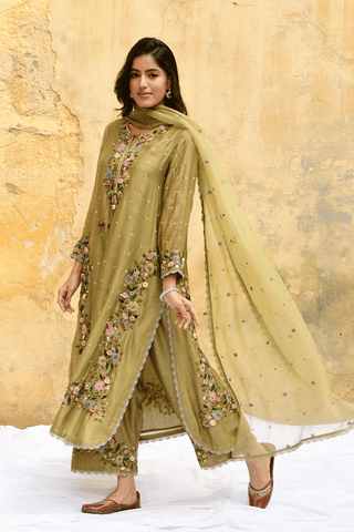 Niti Bothra-Olive Green Orchid Heavy Long Kurta Set-INDIASPOPUP.COM