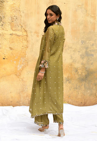 Niti Bothra-Olive Green Orchid Collar Kurta And Pants-INDIASPOPUP.COM