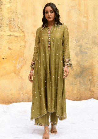 Niti Bothra-Olive Green Orchid Collar Kurta And Pants-INDIASPOPUP.COM