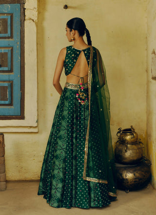 Emerald Green Printed Lehenga Set by Drishti & Zahabia available on Indiaspopup.com