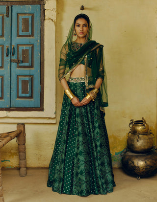 Emerald Green Printed Lehenga Set by Drishti & Zahabia available on Indiaspopup.com