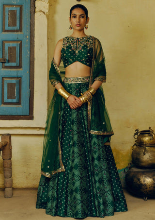 Emerald Green Printed Lehenga Set by Drishti & Zahabia available on Indiaspopup.com