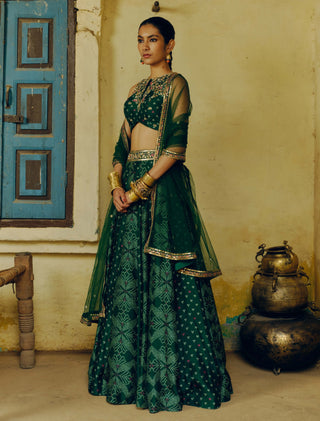 Emerald Green Printed Lehenga Set by Drishti & Zahabia available on Indiaspopup.com