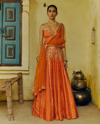 Rust Printed Lehenga Set by Drishti & Zahabia available on Indiaspopup.com
