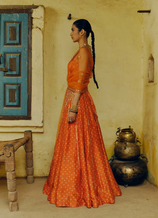 Rust Printed Lehenga Set by Drishti & Zahabia available on Indiaspopup.com