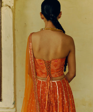 Rust Printed Lehenga Set by Drishti & Zahabia available on Indiaspopup.com