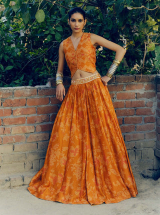 Ochre Printed Lehenga And Waistcoat Top by Drishti & Zahabia available on Indiaspopup.com