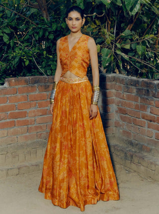 Ochre Printed Lehenga And Waistcoat Top by Drishti & Zahabia available on Indiaspopup.com