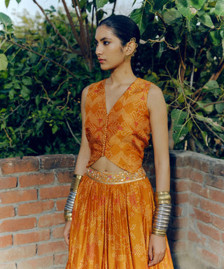 Ochre Printed Lehenga And Waistcoat Top by Drishti & Zahabia available on Indiaspopup.com