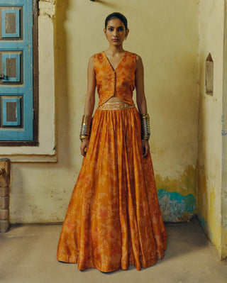 Ochre Printed Lehenga And Waistcoat Top by Drishti & Zahabia available on Indiaspopup.com