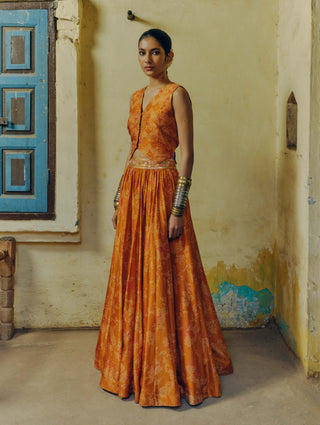 Ochre Printed Lehenga And Waistcoat Top by Drishti & Zahabia available on Indiaspopup.com