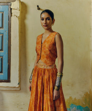 Ochre Printed Lehenga And Waistcoat Top by Drishti & Zahabia available on Indiaspopup.com