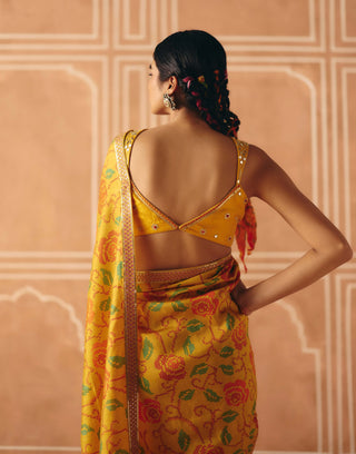 Marigold yellow printed sari and blouse