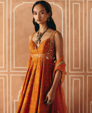 Burnt orange printed anarkali set