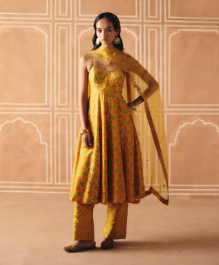 Marigold yellow printed anarkali set