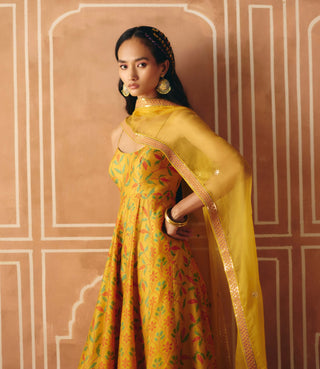 Marigold yellow printed anarkali set
