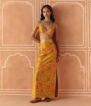 Marigold yellow crop top and pencil skirt