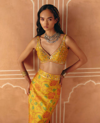 Marigold yellow crop top and pencil skirt