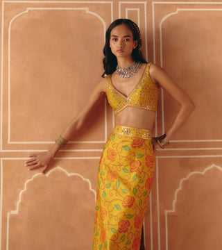 Marigold yellow crop top and pencil skirt