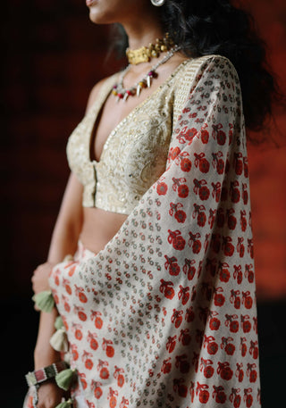 White Embroidered Blouse And Printed Lehenga Set by Drishti & Zahabia available on Indiaspopup.com