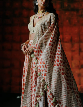 White Embroidered Blouse And Printed Lehenga Set by Drishti & Zahabia available on Indiaspopup.com