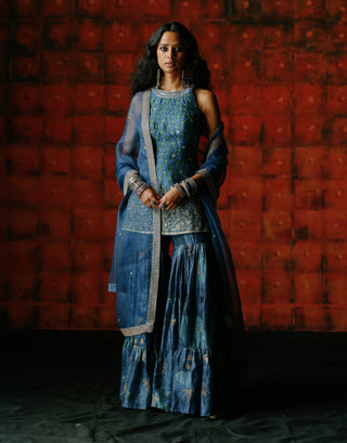 Indigo Printed Sharara Set by Drishti & Zahabia available on Indiaspopup.com