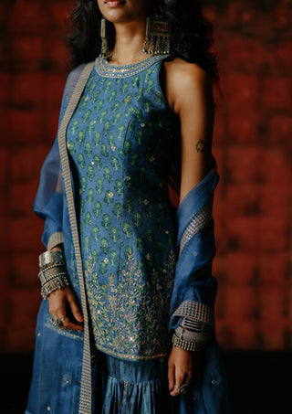 Indigo Printed Sharara Set by Drishti & Zahabia available on Indiaspopup.com