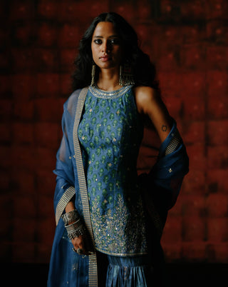 Indigo Printed Sharara Set by Drishti & Zahabia available on Indiaspopup.com