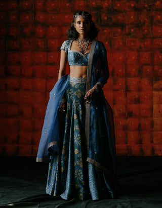Indigo Mix Printed Lehenga Set by Drishti & Zahabia available on Indiaspopup.com
