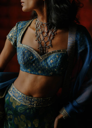 Indigo Mix Printed Lehenga Set by Drishti & Zahabia available on Indiaspopup.com