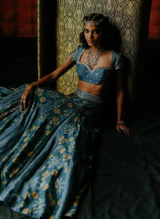 Indigo Mix Printed Lehenga Set by Drishti & Zahabia available on Indiaspopup.com