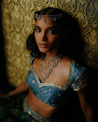 Indigo Mix Printed Lehenga Set by Drishti & Zahabia available on Indiaspopup.com