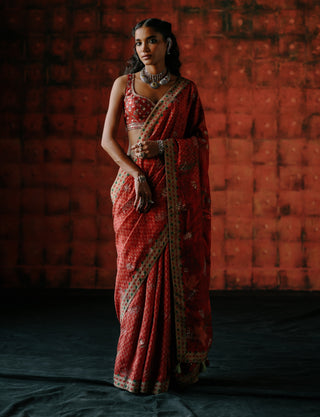 Brick Red Printed Sari And Blouse by Drishti & Zahabia available on Indiaspopup.com